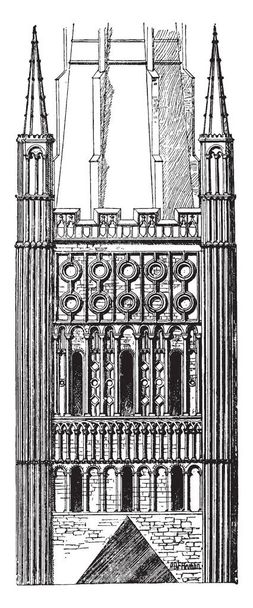 zentraler Turm in der Kathedrale von Norwich, normannischer Stil, Klassenzimmer und Konferenzeinrichtung, Vintage-Linienzeichnung oder Gravurillustration. - Vektor, Bild