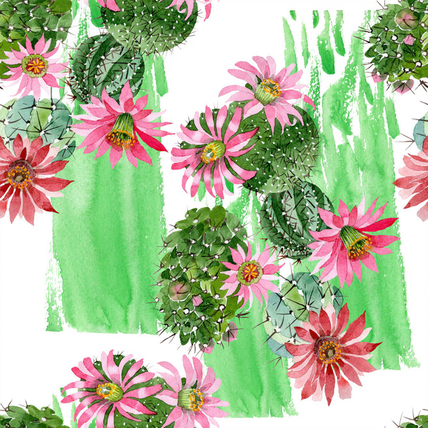 Watercolor green cactus with a pink flower. Floral botanical flower. Seamless background pattern. Fabric wallpaper print texture. Aquarelle wildflower for background, texture, wrapper pattern. - Фото, изображение