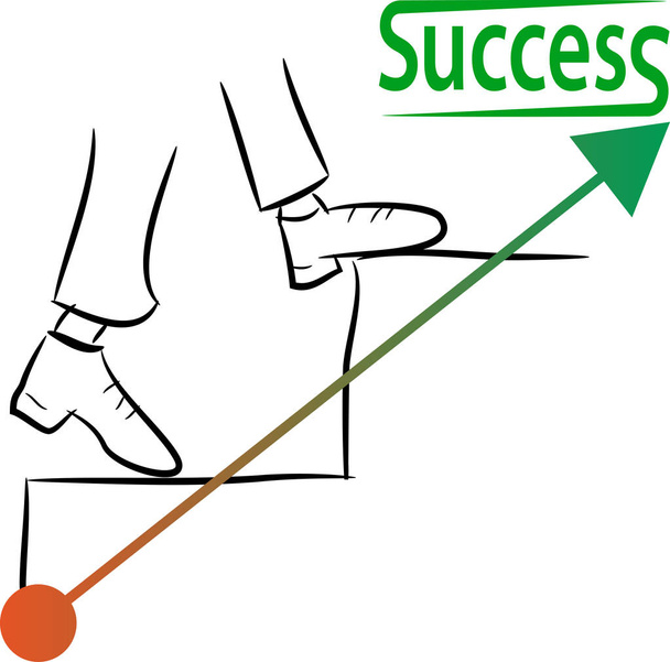 vector image of the path to success. A sketch of the black lines of two male legs climbing the stairs.  In the foreground is an arrow graph indicating the word success - Vector, Image