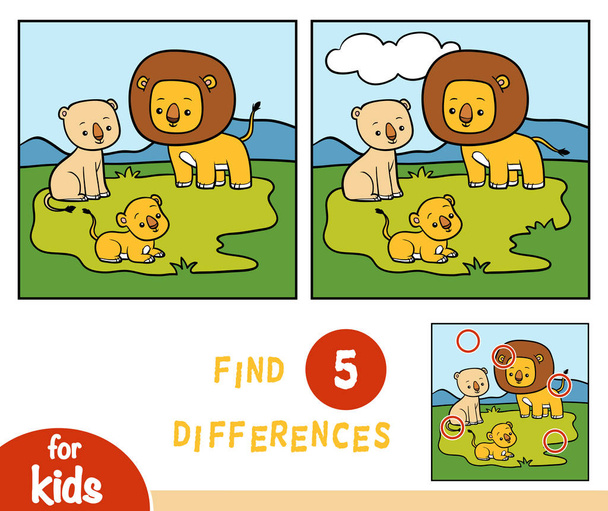 Zoek verschillen, onderwijs spel voor kinderen, drie leeuwen - Vector, afbeelding