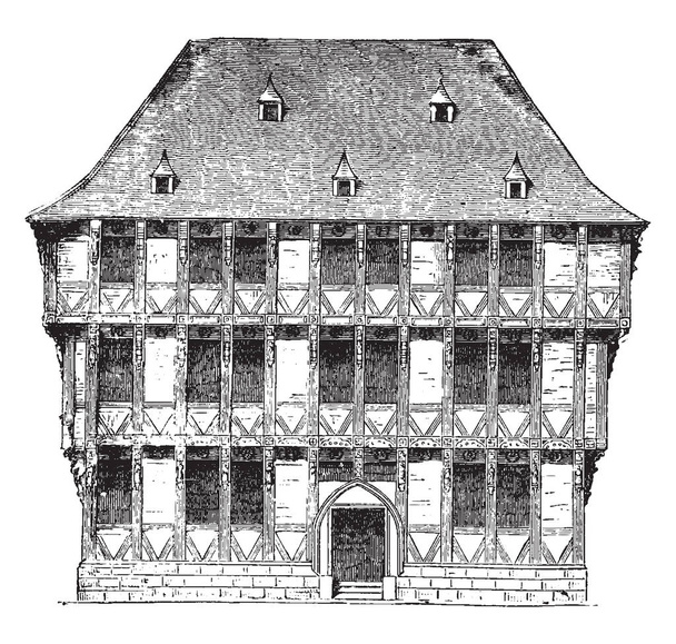 Front of a Bay work House at Halberstadt has affinity with the Gothic style whilst the larger number show traces of the later Renaissance, vintage line drawing or engraving illustration. - Vector, Image