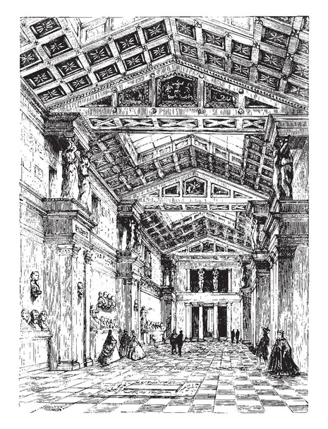 Interior of Walhalla is a neo-classical hall of fame located on the Danube River 10 km east of Regensburg, vintage line drawing or engraving illustration. - Vector, Image