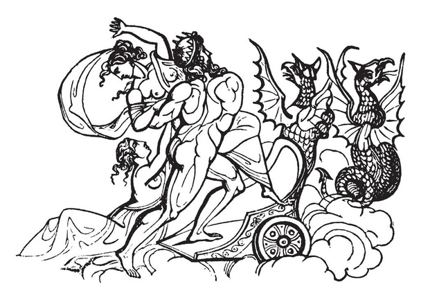 Una antigua imagen de Plutón secuestrando a Proserpina. Plutón también conocido como Hades es un dios romano del inframundo y el juez de los muertos, la línea de la vendimia dibujo o grabado ilustración
. - Vector, Imagen