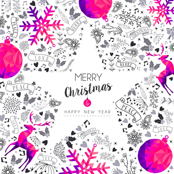 Merry Christmas Happy New Year greeting card star design, pink low poly reindeer and Xmas season decoration with hand drawn holiday nature shapes. EPS10 vector - Vector, Image