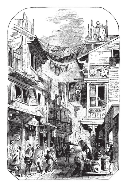 A scene of Canton city located in China. It shows the daily work of the people of the tribe. Some of them are walking on their way and some of them are looking outside their houses, vintage line drawing or engraving illustration. - Vector, Image