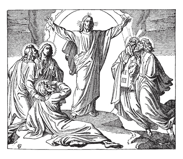 A Transfiguração, esta cena mostra Jesus levantando as mãos e o rosto brilhando como o sol, outras pessoas olhando para ele, desenho de linha vintage ou gravura ilustração
 - Vetor, Imagem