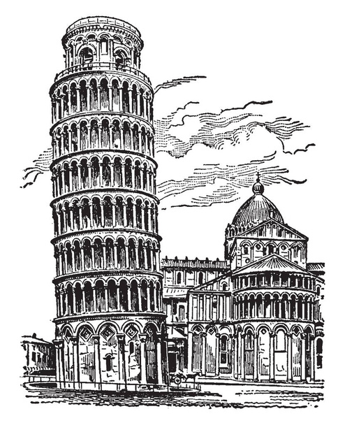 Torre inclinada de Pisa, Os edifícios mais notáveis, o Campo Santo eo campanário, uma torre cilíndrica, desenho linha vintage ou gravura ilustração
. - Vetor, Imagem