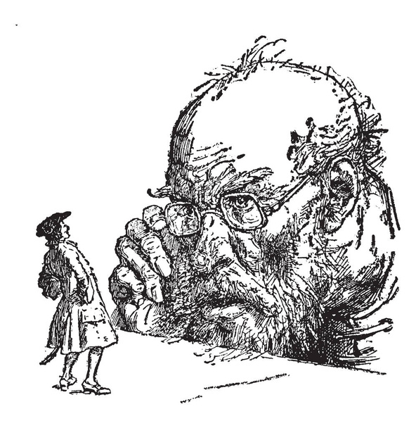 Гуллівер з гігантськими, ця сцена показує гігант чоловік прагне тісно маленька людина з його окулярів, vintage штриховий малюнок або ілюстрація гравіювання - Вектор, зображення