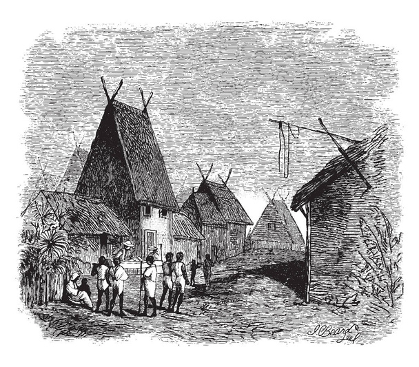 There is A Street in a village in Madagascar. Member of the village are standing in the street. Four members of the village are carrying two people on their shoulders, vintage line drawing or engraving illustration. - Vector, Image