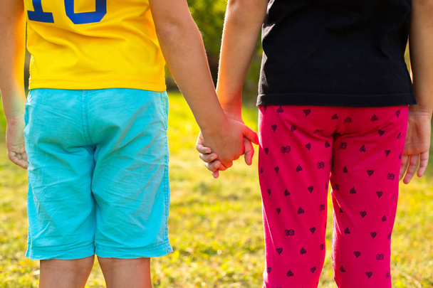 Close Up Of Cute Children Boy And Girl Hold Hands In Sunny Day In Summer Park. Child Friendship. - 写真・画像