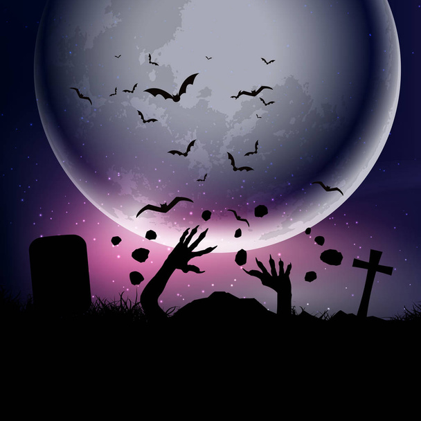 Хэллоуин фон с зомби руки, извергающиеся из земли против лунного неба
 - Вектор,изображение