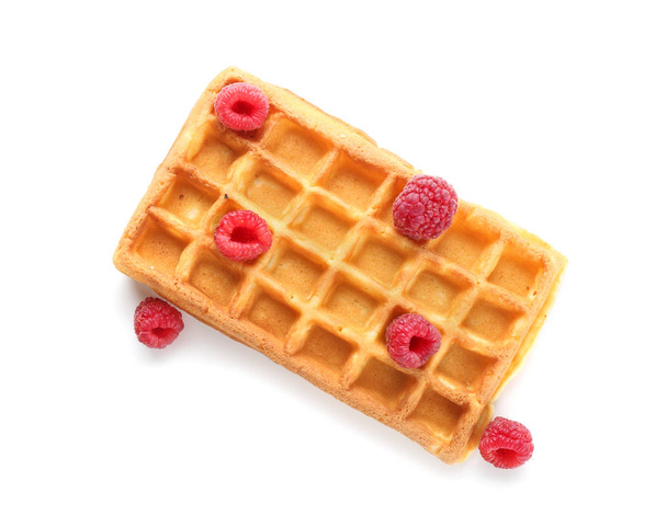 Delicious waffle with raspberries on white background - Photo, Image