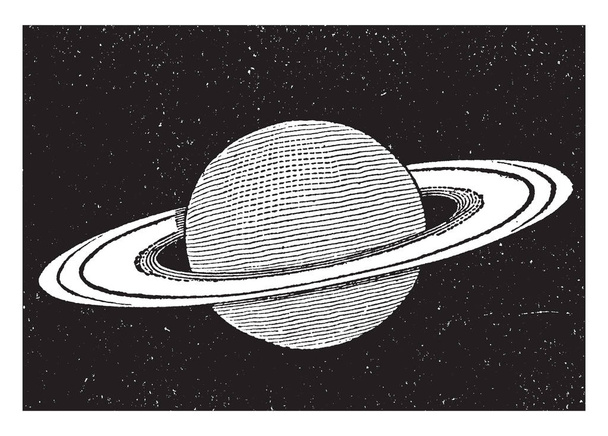 Saturn is the sixth largest planet from the Sun, vintage line drawing or engraving illustration - Vector, Image