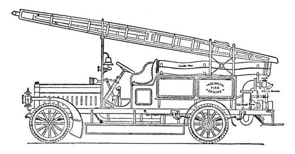 A type of fire brigade that has many cylinders in it and it is used to extinguish fire with Centrifugal Pump, vintage line drawing or engraving illustration. - Vector, Image