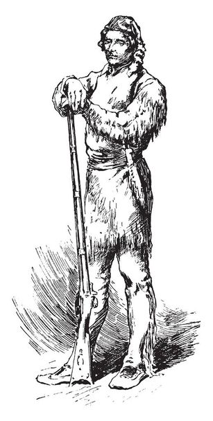 Daniel Boone, 1734-1820, è stato un pioniere americano, esploratore, frontaliere e uno dei primi eroi popolari degli Stati Uniti, famoso per la sua esplorazione e insediamento, disegno a linee vintage o illustrazione incisione
 - Vettoriali, immagini