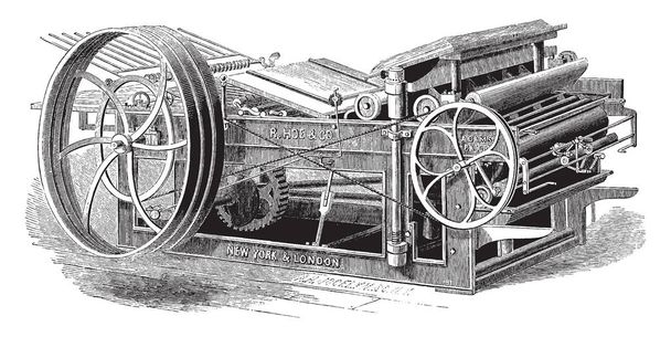This illustration represents function of Adams Platen Printing Press, vintage line drawing or engraving illustration. - Vector, Image