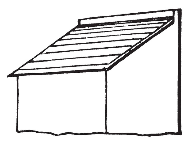 Schuppendach ist am einfachsten zu bauen, eine sehr steile Neigung auf Dachstühlen, mehr Stauraum, Vintage-Linienzeichnung oder Gravierillustration. - Vektor, Bild