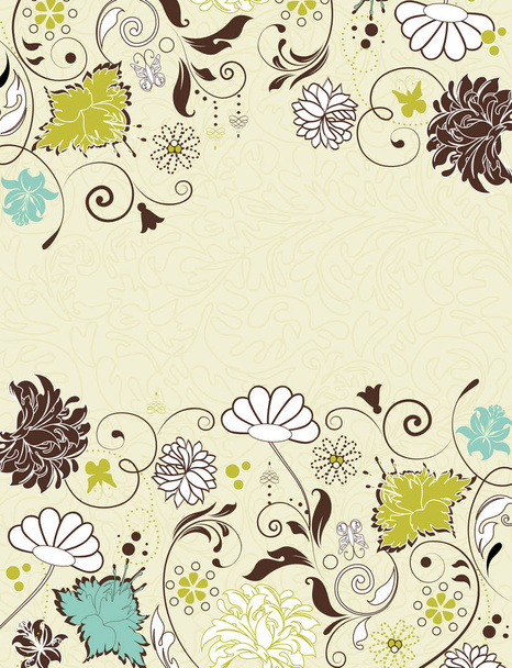 Vintage προσκλητήριο με περίτεχνες κομψές ρετρό αφηρημένο floral σχέδιο, πολύχρωμα λουλούδια και φύλλα σε Παλ κίτρινο πράσινο φόντο με ετικέτα κειμένου. Εικονογράφηση διάνυσμα. - Διάνυσμα, εικόνα