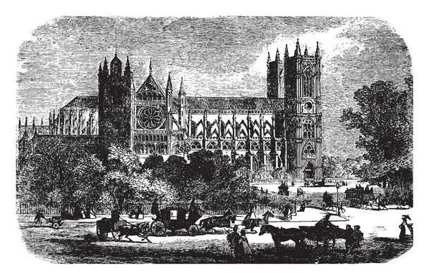 Westminster Abbey, architectuur, Engeland, gotische kerk, gotische stijl, Londen, wees stijl, vintage lijntekening of gravure illustratie. - Vector, afbeelding