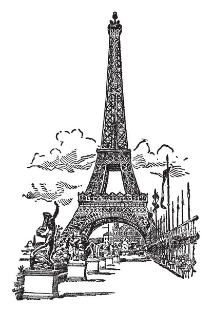 Torre Eiffel é uma estrutura notável em Paris, França, estruturas mais reconhecidas do mundo, monumento pago mais visitado, desenho de linha vintage ou ilustração gravura
. - Vetor, Imagem