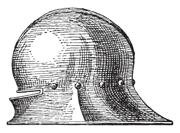 Салет - это шлем всадника, рассматриваемый сбоку, рисунок винтажной линии или гравировка.
. - Вектор,изображение