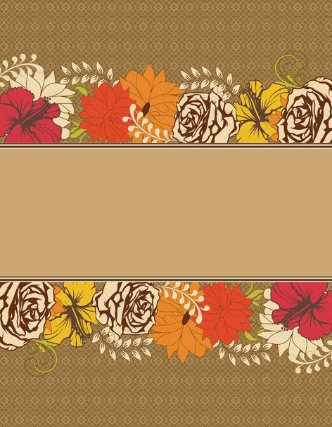Vintage invitation card with ornate elegant retro abstract floral design, multi-colored flowers and leaves on light brown background with ribbon text label. Vector illustration - Вектор, зображення