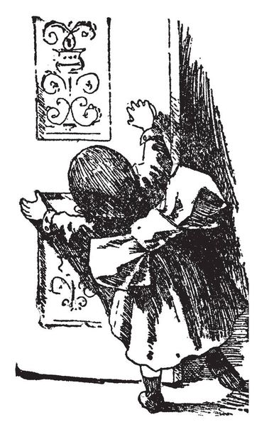 Gyerekvers, ez a jelenet mutatja a gyermek bezárja az ajtót, vintage vonalas rajz vagy metszet illusztráció - Vektor, kép