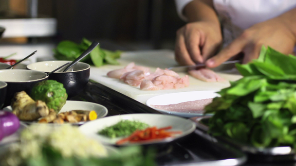 Primer plano de las manos del chef cocinando y preparando comida asiática
 - Metraje, vídeo