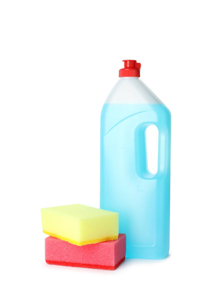 Cleaning product and sponges for dish washing on white background - Photo, image