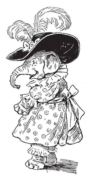 Un elefante en vestido femenino con sombrero en la cabeza hacia el lado izquierdo, dibujo de línea vintage o ilustración de grabado
 - Vector, Imagen