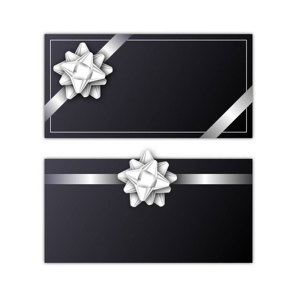 Set of greeting card with silver ribbon and bow on black background. Template for a business card, banner, poster, notebook, invitation - Vektor, Bild