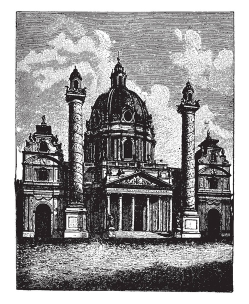 Cette illustration représente l'église Saint-Charles-Borromée à Vienne en Autriche, dessin à la ligne vintage ou gravure illustration
. - Vecteur, image