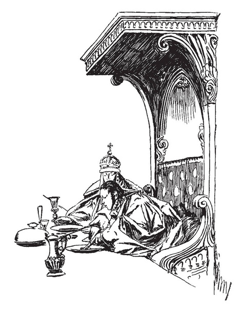 Fate Wills, esta cena mostra dois homens sentados no sofá e tendo refeição, e prato de comida, óculos, jarra e tigela mantidos na mesa na frente deles, desenho de linha vintage ou gravura ilustração
 - Vetor, Imagem