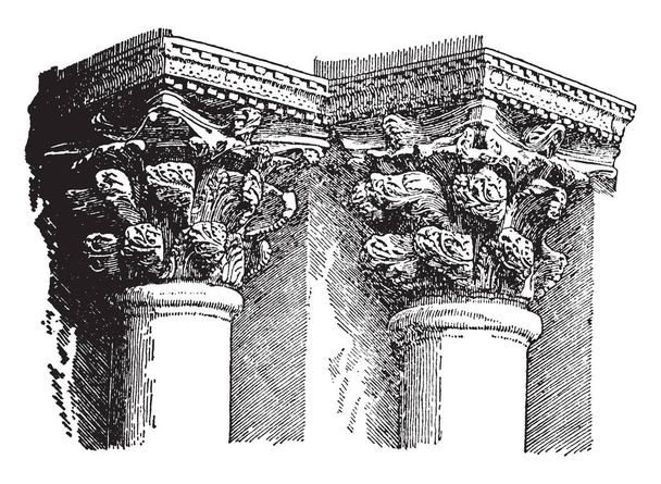 Capitale bizantina, scrowning, membro, ogni lato, sorge, disegno a linee vintage o incisione illustrazione
. - Vettoriali, immagini