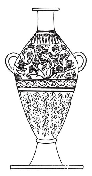Behandeld vaas versierd met bladeren, vintage gegraveerde afbeelding - Vector, afbeelding