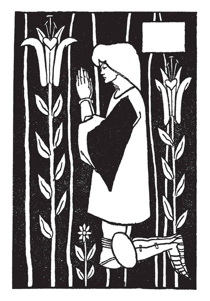 Morte D 'Arthur retrata um romance Arturiano escrito em figuras e adiciona material original, é uma das obras mais conhecidas de Arturiano, desenho de linha vintage ou gravura ilustração
. - Vetor, Imagem