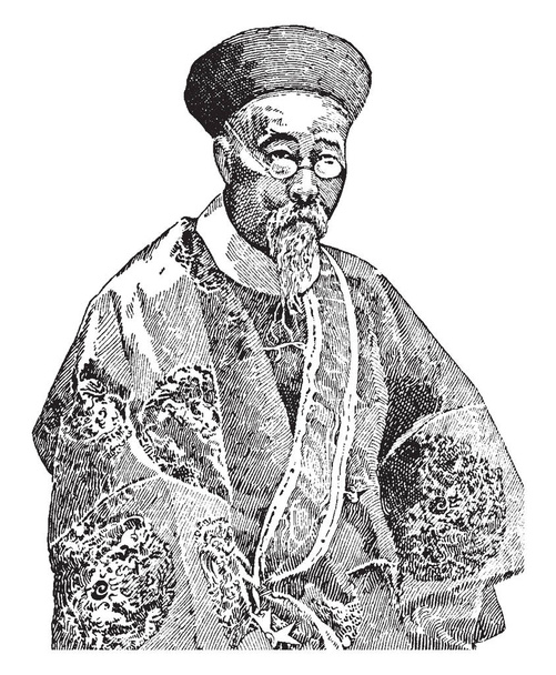 On dokuzuncu yüzyılın en aydınlanmış Çin devlet adamı, vintage çizgi çizme veya oyma illüstrasyon li Hung Chang yazarı. - Vektör, Görsel