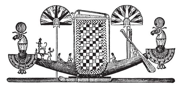 Baris è una barca a fondo piatto utilizzata per il trasporto di merci, disegno di linee vintage o illustrazione incisione
. - Vettoriali, immagini