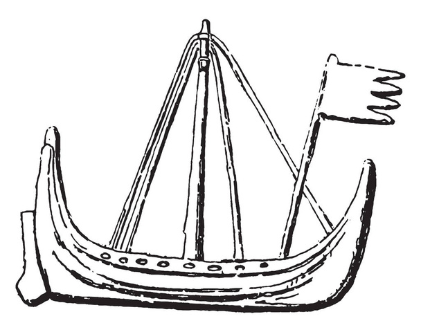 Barco danés o Chiule costa preposterously largo está ensartado con un collar de puertos y puertos, dibujo de línea vintage o grabado ilustración
. - Vector, imagen