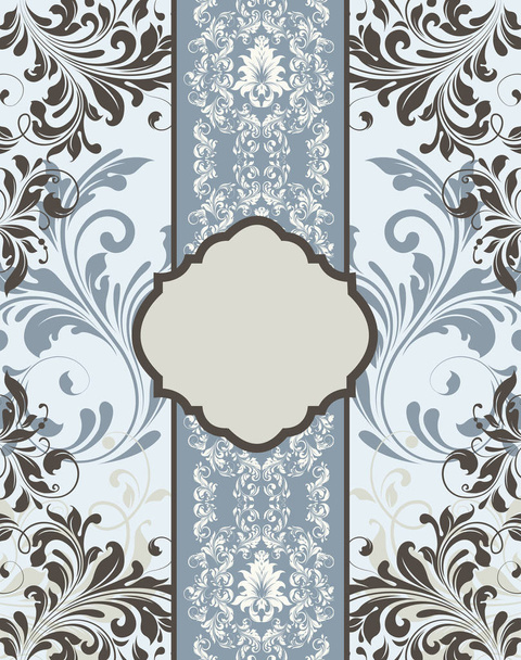 Vintage invitation card with ornate elegant retro abstract floral design, beige gray and dark gray flowers and leaves on pale blue and bluish gray background with ribbon and plaque text label. Vector illustration - Вектор, зображення