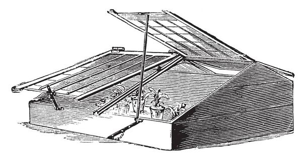 Diese Abbildung repräsentiert einen Dachrahmen mit einer Spannweite von drei Vierteln, der den Vorteil hat, mehr Höhe im Inneren zu haben, Vintage-Linienzeichnung oder Gravierillustration. - Vektor, Bild