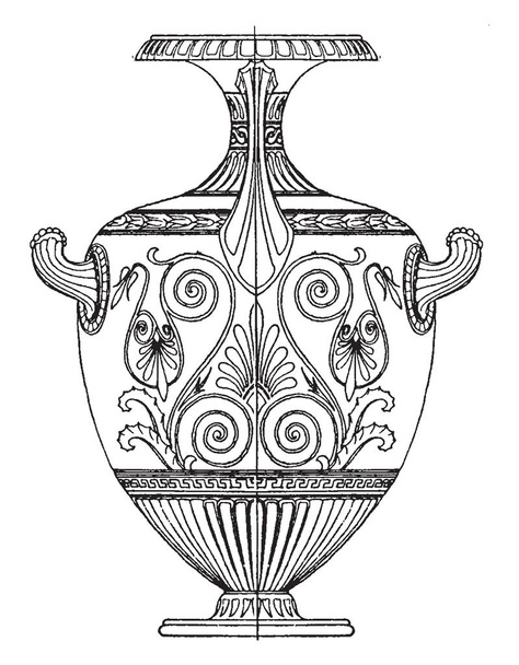 Řecké Hydria se používá jako vodou kyblík s vodou z pramenů, jejich hlavy svisle při plné a vodorovně když prázdný, vintage line kreslení nebo gravírování obrázku. - Vektor, obrázek