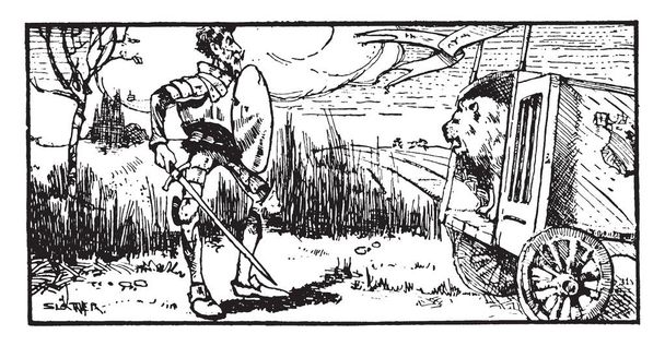 don quijote, diese Szene zeigt einen Mann mit Schwert und Schild und einen Löwen neben sich, eine alte Strichzeichnung oder Gravurillustration - Vektor, Bild