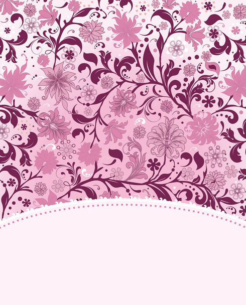 Tarjeta de invitación vintage con un elegante diseño floral retro abstracto adornado, flores y hojas de color rosa y fuschia sobre fondo blanco con etiqueta de texto. Ilustración vectorial
 - Vector, Imagen
