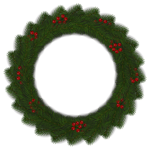 Green Christmas wreath with red berry vector isolated on white background. Xmas round garland decora - Vector, Image