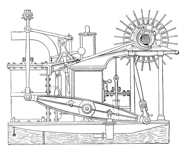 Eski bir ışın motorun, vintage oyulmuş illüstrasyon görünümüdür. Endüstriyel ansiklopedi E.-O. Lami - 1875 - Vektör, Görsel