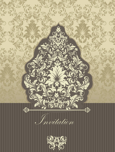 Vintage invitation card with ornate elegant retro abstract floral design, beige flowers and leaves on gray and beige background with stripes and text label. Vector illustration - Вектор, зображення