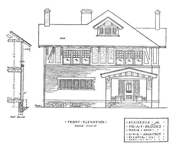 Resident Front Elevation, elevations of residential buildings,  front elevation is a part of a scenic design, look as grown, vintage line drawing or engraving illustration. - Vector, Image