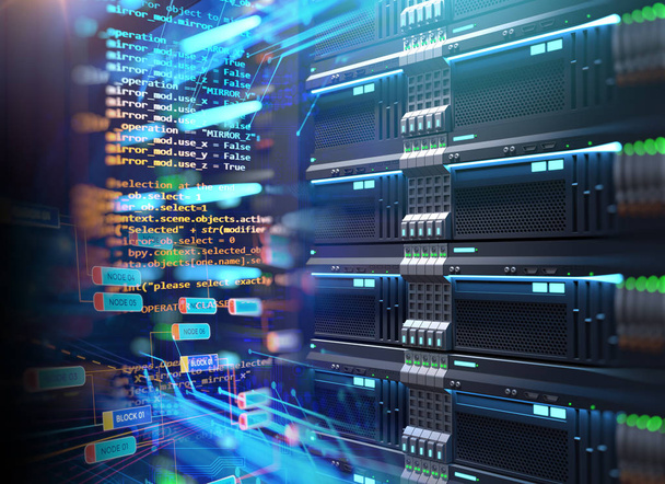 Ilustração 3D de racks de servidores de super computador em datacenter, conceito de armazenamento de Big Data e tecnologia de computação em nuvem
 - Foto, Imagem