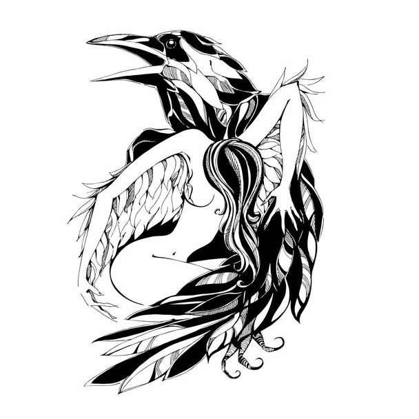 Cuervo y angel.Tattoo Vector ilustración
 - Vector, imagen